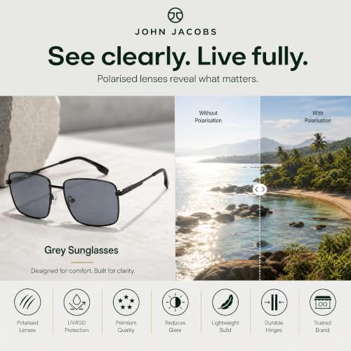 John Jacobs | Black - Grey | Full Rim Rectangular Stylish & Premium Polarized Sunglasses | Polarized and 100% UV Protected | Men & Women | Large | JJ S15862