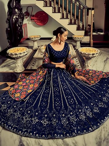 Zeel Clothing Women's Sequins Thread Embroidered Georgette Lehenga Choli With Dupatta (6005-Navy-Blue-Women-Lehenga-Choli-New; Free Size)(Navy-Blue)