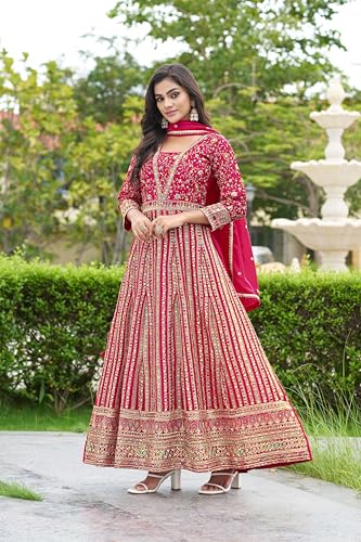 Miss Ethnik Women's Pink Chinon Stitched Gown With Dupatta Full Sleeve Embroidered Anarkali Gown (MER-1275-Pink-3XL)