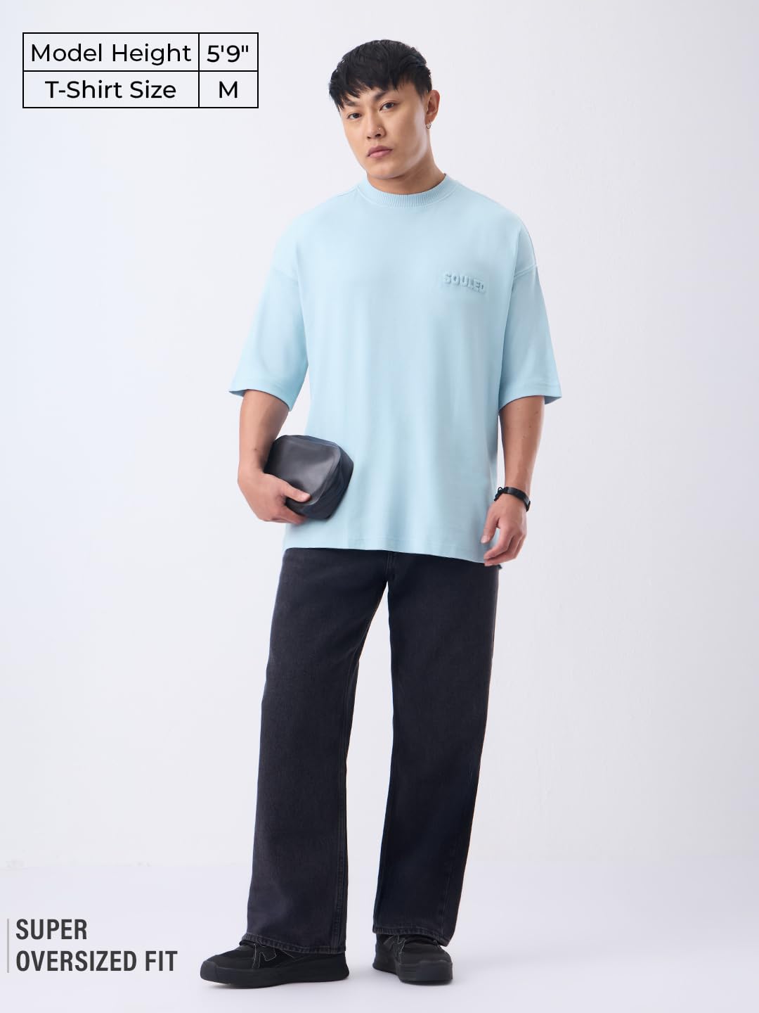 The Souled Store Super-Oversized Tee: Storm Sky Men and Boys Short Sleeves Round Neck Light Blue Solid Embossed Logo Drop Shoulder Casual Streetwear Super Oversized T-Shirts