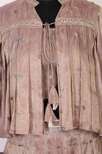 Aurelia Women's Rose Gold Embroidered Floral Zari Tissue A-line Crop Top with Skirt and Jacket Set - (AD10773-E609500-M)