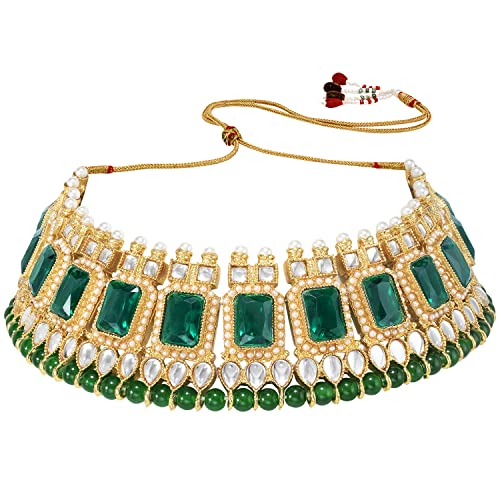 Peora Gold Plated Green Kundan Dangling Pearls Necklace Earring MaangTikka Jewellery Set for Women