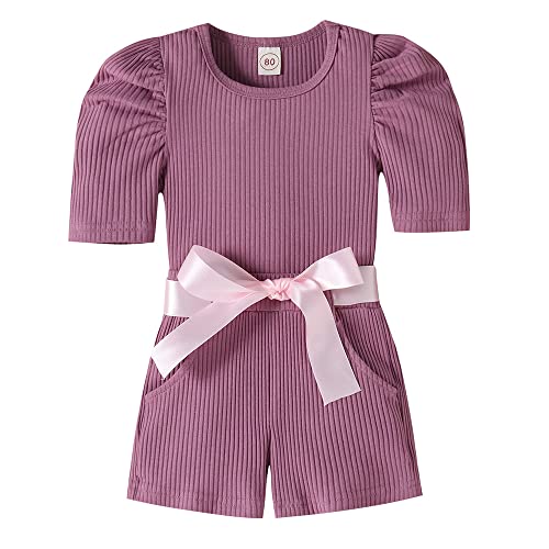 Hopscotch Girls Solid Slim Fit T-Shirt Shorts Set with Belt In Purple Color for Ages 9-12 Months