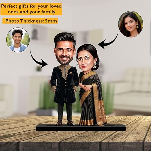 Giftvibes Personalized Couple Caricature Gift, Black Traditional Outfit Wedding Engagement Customized Wooden Caricature Standee Photo Frame for Husband Wife, Friends Unique Wedding Gift for Couples