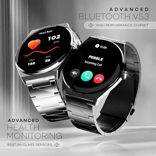 Pebble Royale Steel Luxury Metal Smartwatch | Ultra-Slim Stainless Steel Body, 1.43” Ultra AMOLED Display, Always-On Display, Bluetooth Calling, DIY Watch Faces (Black)