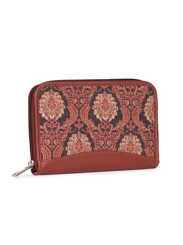 ZOUK Jodhpur Damask Motif Printed Women Jute Vegan Leather Brown Trendy Fashionable Ladies Hand Wallet/Purses