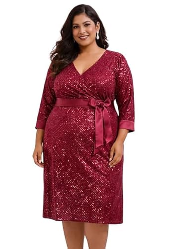PrettyPlus by Desinoor.com Plus Size Maroon Sequin Satin Cuff Dress | Stylish Sequin Dress | Dresses for Womens