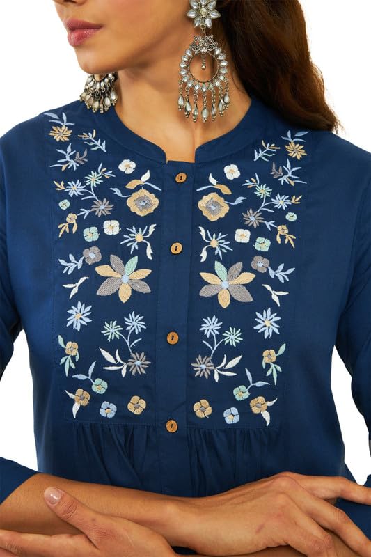 Soch Womens Teal Rayon Floral Embroidered Yoke A-line Tunic