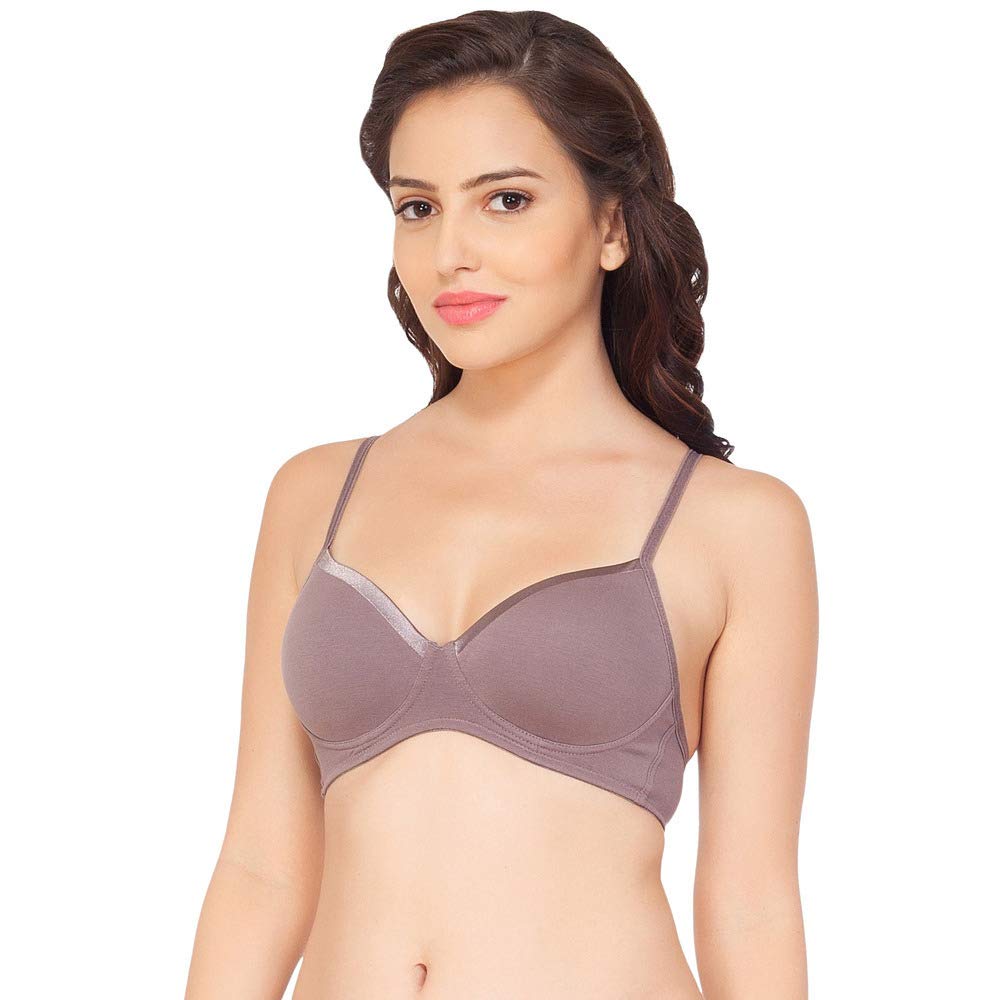 SOIE Women Semi/Medium Coverage Padded Non Wired Satin Panelled Cotton Spandex T Shirt Bra (CB-104_Nutmeg_36C)