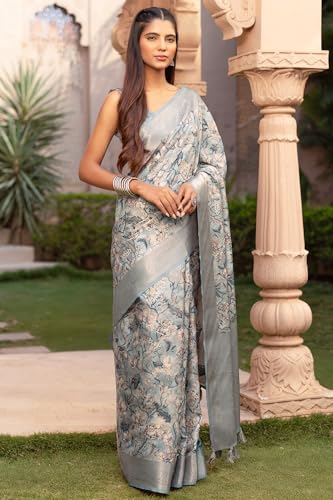 Soch Womens Light Grey Tussar Floral Print Saree With Zari Woven