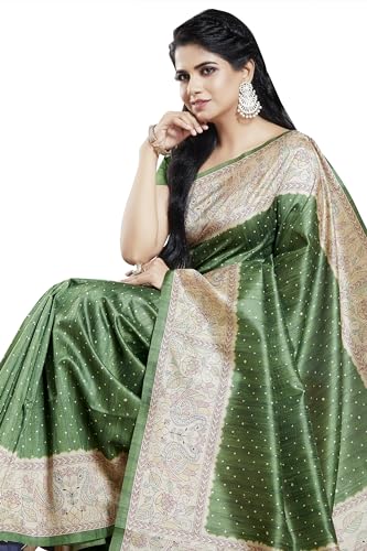 RANI SAAHIBA Women's Printed Art Tussar Silk Madhubani Saree With Blouse Piece (SKR11665_olive Green)