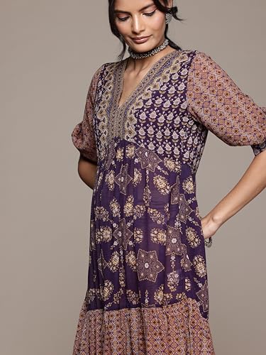 Aarke Ritu Kumar V-Neck Elbow Sleeve Printed Dress Purple