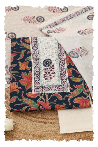 Soch Womens Navy Blue Cotton Botanical Printed Chikankari Embroidery Dress Material