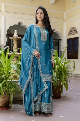 Leeli Peeri Designer Women's Chinon Silk Embroidery Kurta Sharara Set With Dupatta