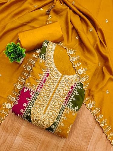 Leeli Peeri Designer Women's Vichitra Silk Embroidery Work Unstitched Salwar Suit Dress Material