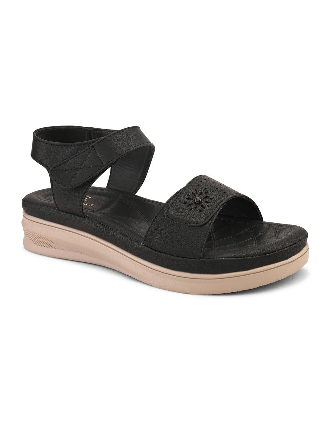 XE Looks Women's Black Comfort Stylish & Trendy Sandal with Perforated Strap & Adjustable Back Closure