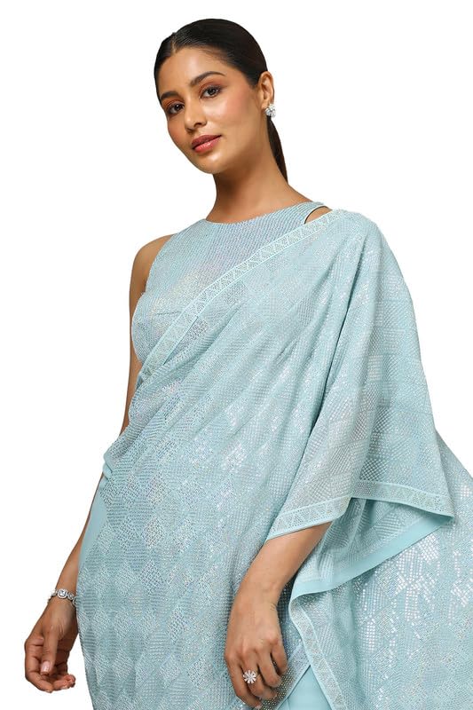 Soch Womens Turquoise Blue Georgette Embellished Saree With Sequins