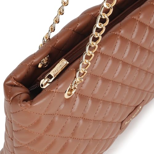 Fastrack QuiltPlay Tan Shoulder Bag | Quilted Faux-Leather Women’s Handbag Bag with Metal Accent Strap & Zipper Closure