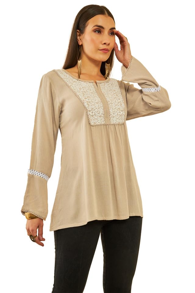 Soch Womens Beige Crepe Yoke Design Embroidery Tunic with Lace