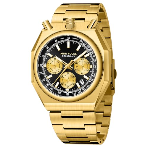 MF MINI FOCUS Unique Dress Men Watches (Chronograph/Waterproof/Luminous/Calendar) Big Face Stainless Steel Band Watches for Men, Black_Golden