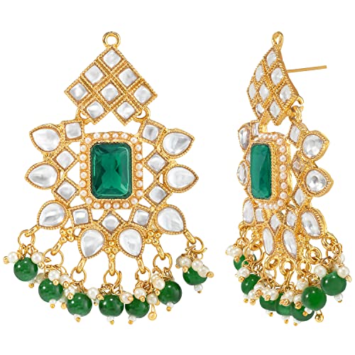 Peora Gold Plated Green Kundan Dangling Pearls Necklace Earring MaangTikka Jewellery Set for Women