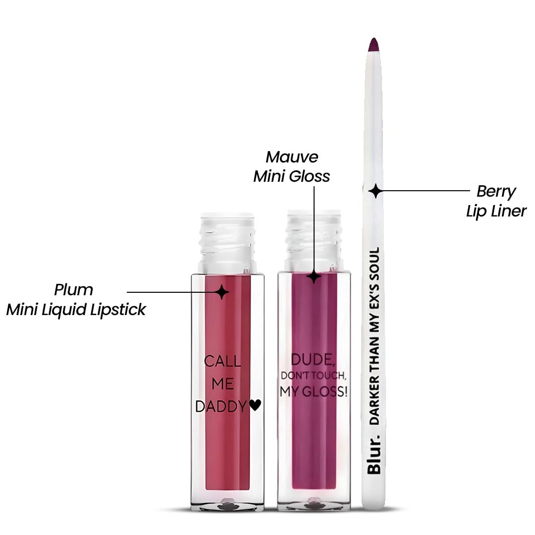 Blur india Perfect Mini Plum Lip Kit | Plum Lipstick + Mauve Gloss + Berry Lip Liner