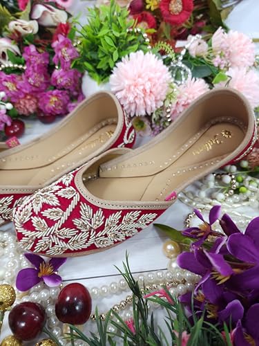 Fulkari Women Iris Velvet Magenta Gold Formal Genuine Soft Leather Jutis | Bite and Pinch Free Juttis | Punjabi Jutti | Girl's Wedding Flat Ladies Mojari Ethnic Juti | 42