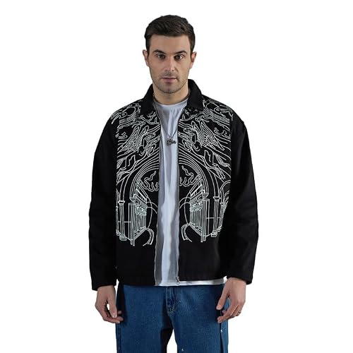 FUGAZEE Black Lineart Harrington Jacket for Men | Heavyweight Cotton Twill | Printed Lineart Design | Spread Collar | Zipped Closure | Lined Streetwear Bomber Jacket - S