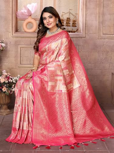 Panzora Women's Peach Banarasi Silk Saree With Unstitched Blouse Piece