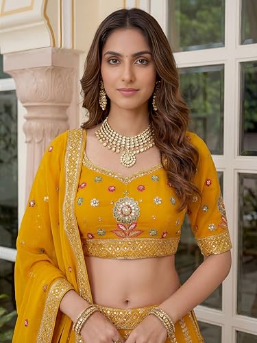 Zeel Clothing Women's Sequins Thread Embroidered Georgette Lehenga Choli With Dupatta (6008-Yellow-Women-New-Lehenga-Choli; Free Size) (Yellow)