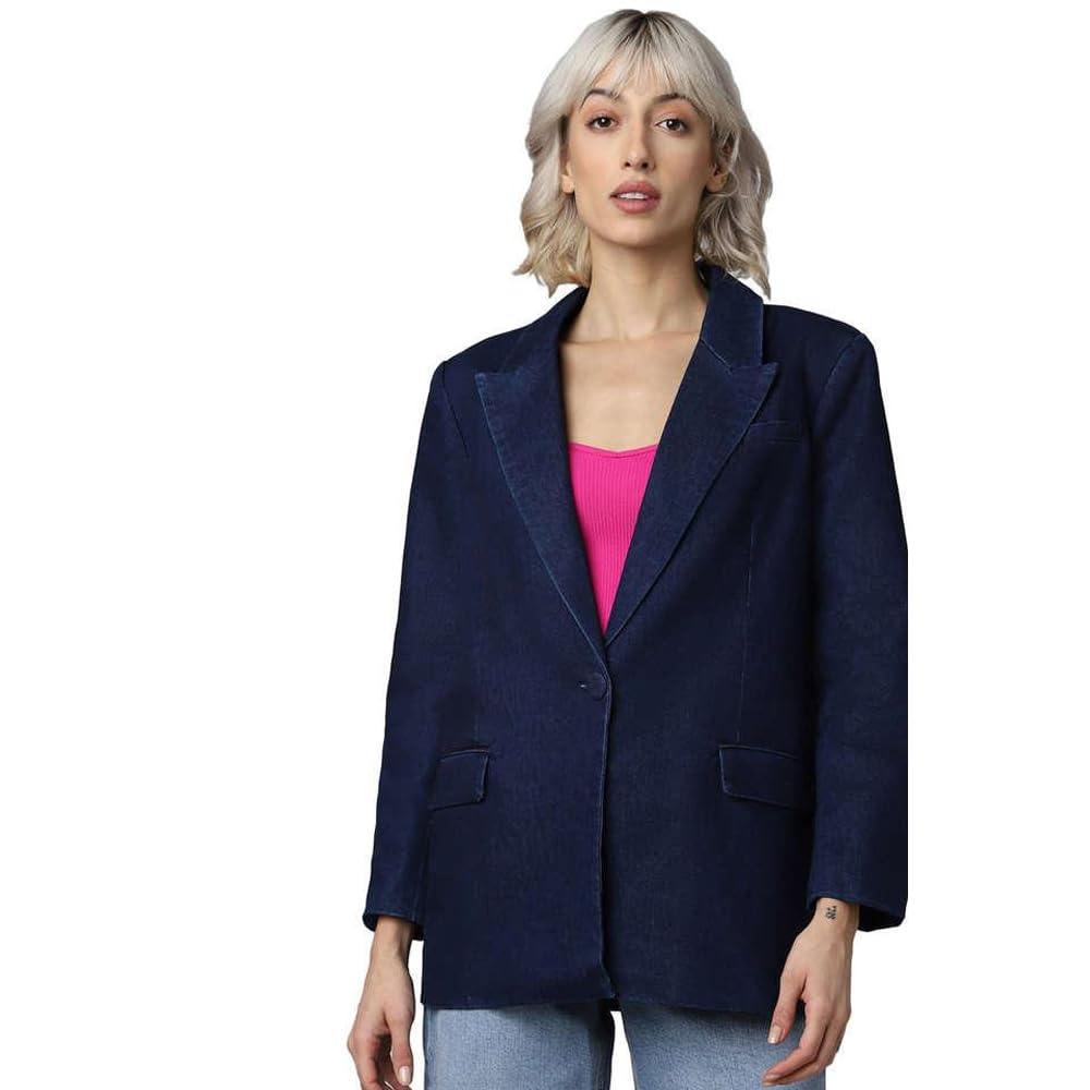 ONLY Women's Single Breasted Blazer (122562501-Dark Blue Denim_Dark M)