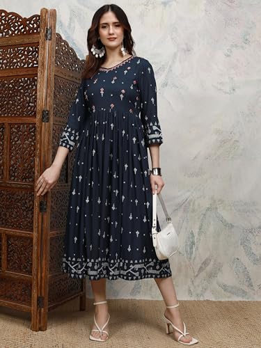 Vishudh Women 3/4 Sleeve V-Neck Dress VPa1000206 Blue M