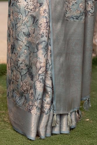 Soch Womens Light Grey Tussar Floral Print Saree With Zari Woven