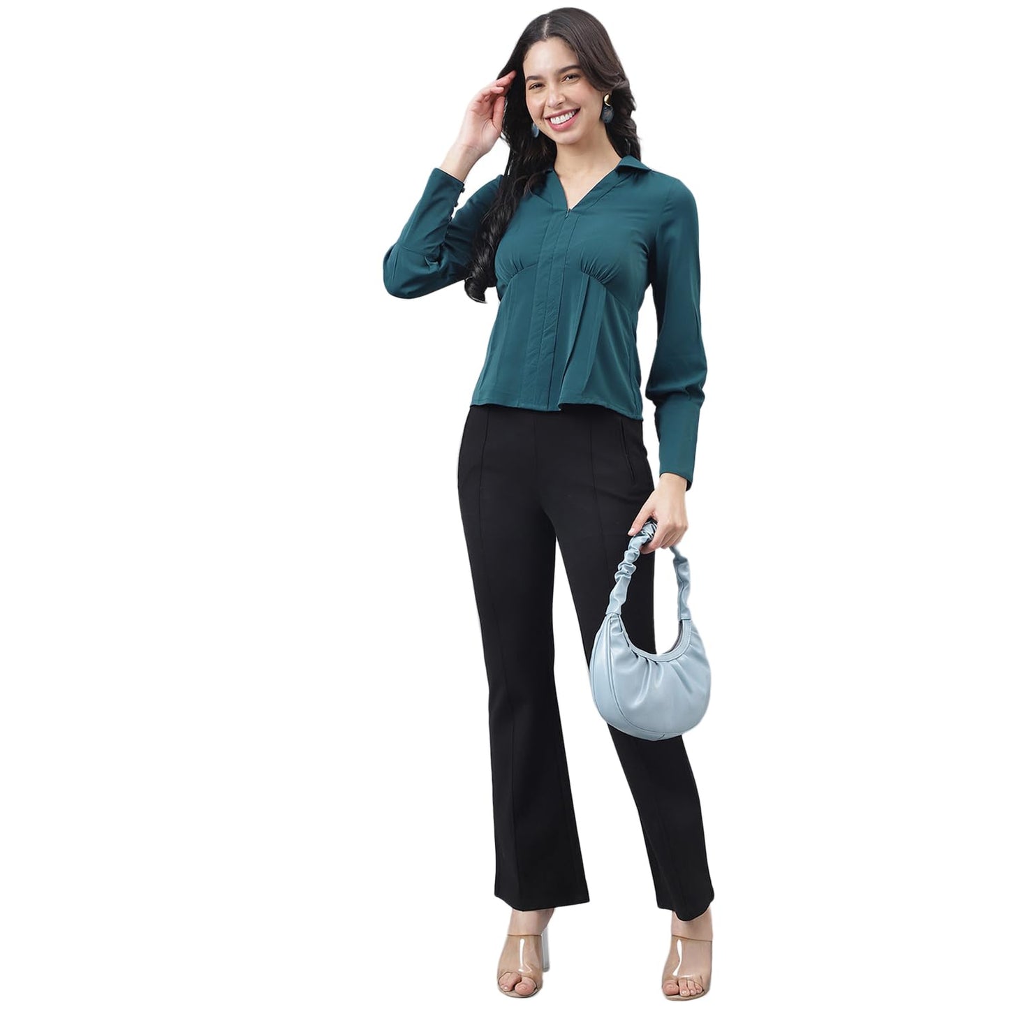 Latin Quarters Women Teal Half Sleeve Shirt Collar Solid Top_L