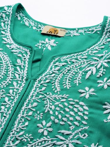 Ada Hand Embroidered Lucknow Chikankari Women's Straight Cotton Kurta Kurti Tunic A411415 (4XL, Rama Green)