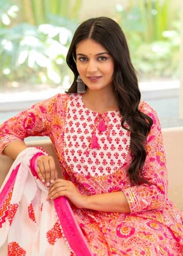 Pistaa's Women Cotton Anarkali Flair Suit Set (IN, Alpha, XS, Regular, Pink)