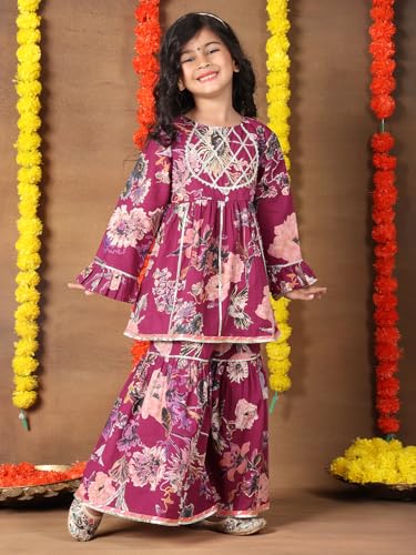 superminis Girls Cotton Floral Printed Gotta Work Full Sleeves Kurti and Matching Sharara Ethnic Wear Set (6-12 Months Purple)