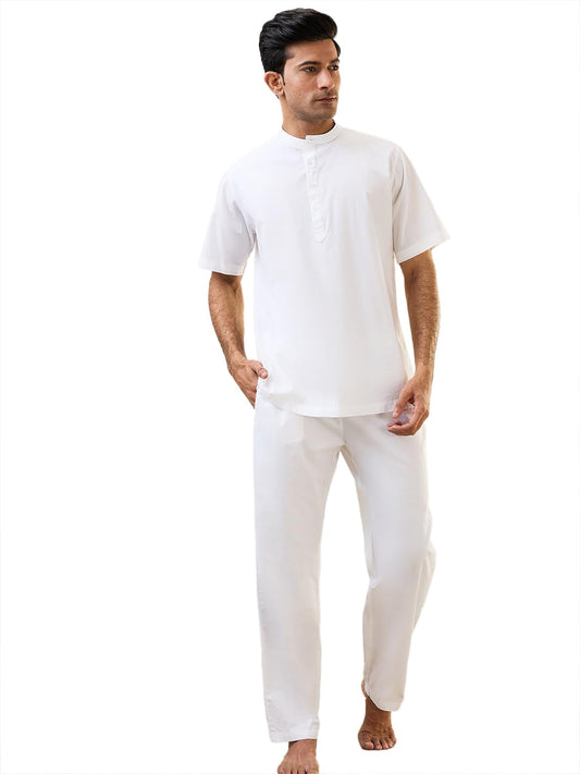 Raymond SleepZ Men Comfort Fit Solid Pattern Pure Cotton Mandrin Collar Kurta White