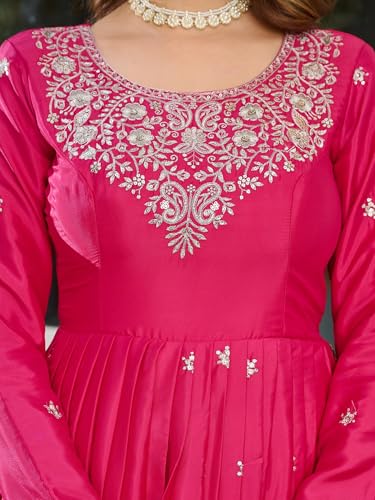LEELI PEERI DESIGNER Women's American Silk Sequence Work Pink Anarkali Kurta with Trouser and Dupatta(52PDM1-XL)