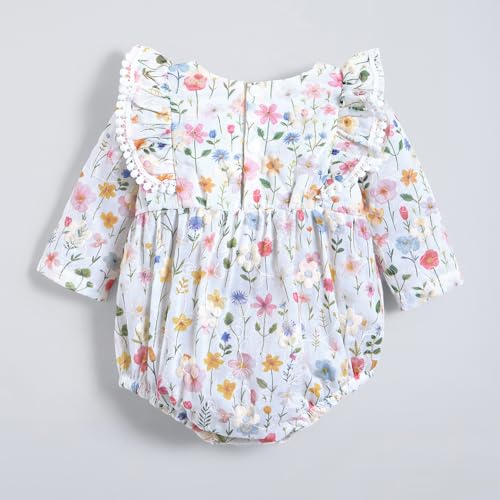 Hopscotch Girls White Full Sleeves Bow Applique Ruffled Onesie For Age (18-24 Months)