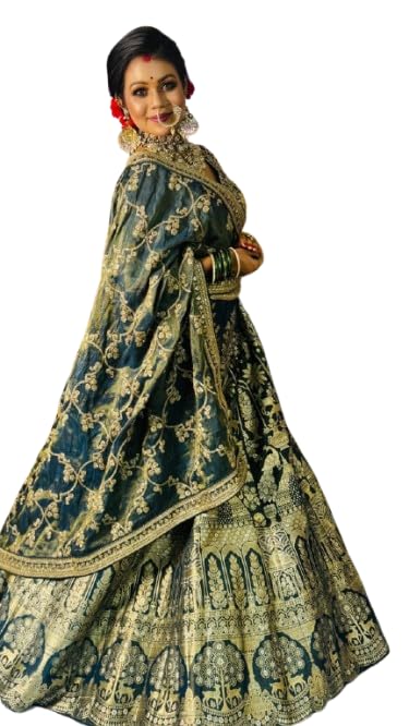 JYOTI TRENDS Designer Bridal Lehenga Choli, Heavy Embroidered, Teal and Gold, Traditional