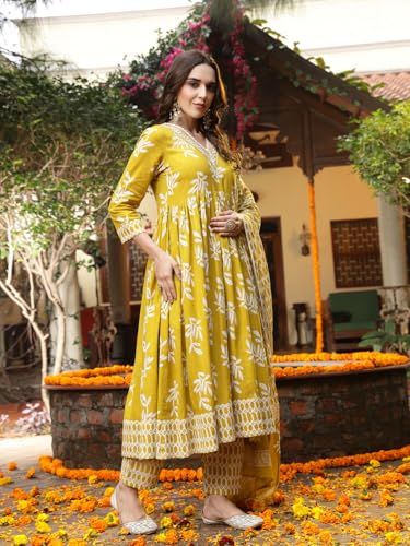 Stylum Women's Floral Printed Cotton Anarkali Kurta Pant Dupatta Set