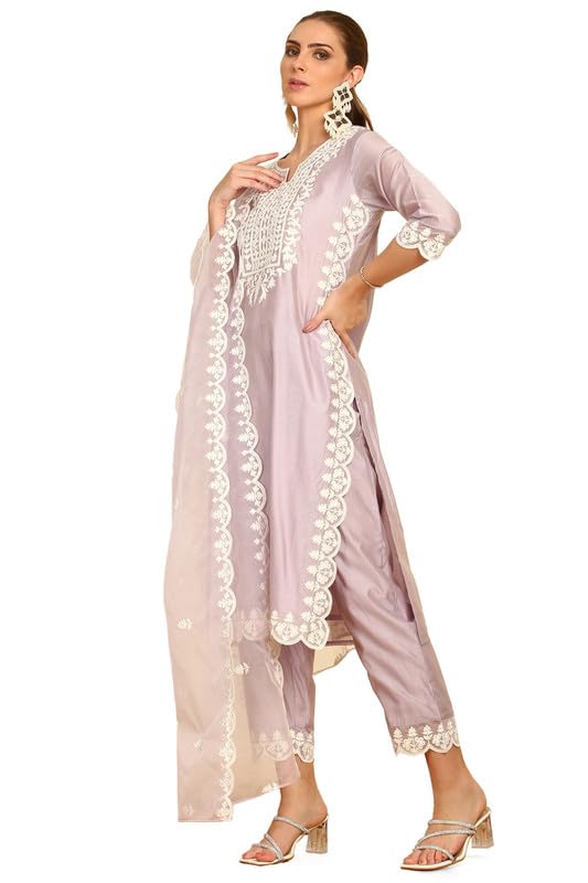 Soch Womens Purple Floral Embroidery Chanderi Suit Set