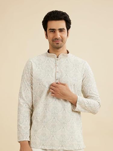 Manyavar Men's Cotton Blend Paisley Embroidery Short Kurta (Pista Green,L)