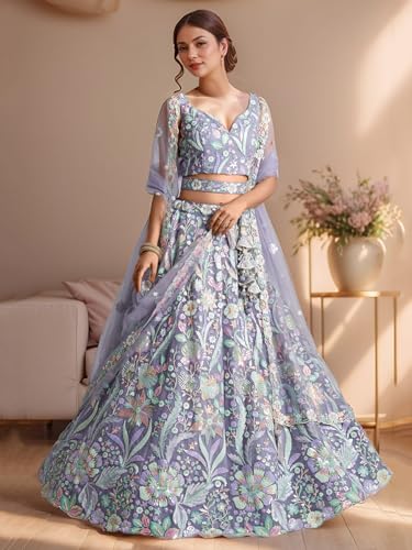 Zeel Clothing Women's Sequins Embroidered Work Soft Net Lehenga Choli With Dupatta (6020-Women-Lehenga-Choli-Latest; Free size) (White) (Purple)