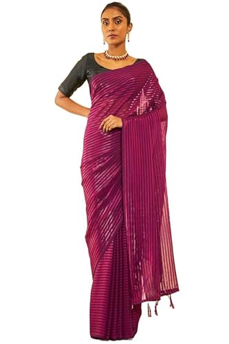 Soch Womens Wine Chiffon Striped Saree With Tassels(8907175513576)