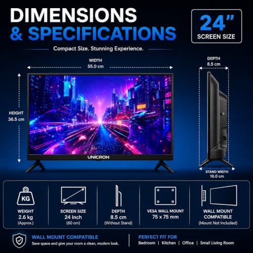 UNICRON 24 Inch HD LED TV Non Smart 20W Sound Output, Premuim Slim Design Crystal Clear Display with HDMI & USB Ports, Ideal for Home, Office & Monitor Security Multipurpose