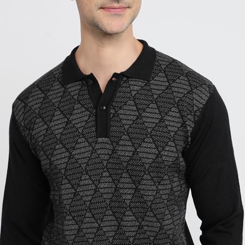 Raymond Men Contemporary Fit Argyle Pattern Merino Wool Acrylic Blend Polo Neck Full Sleeve Casual Sweater Black