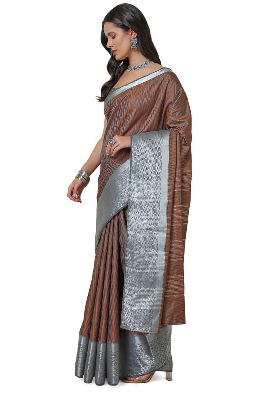 Soch Womens Grey Art Silk Chevron Woven Design Saree