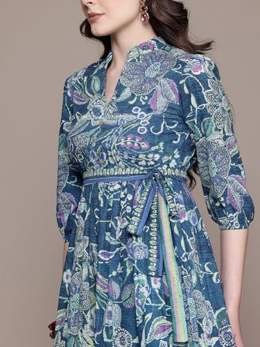 Label RITU KUMAR Blue Alanna 3/4 Sleeves Long Dress with Belt
